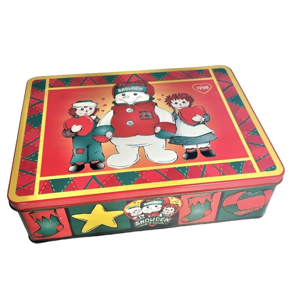 Snowden Tin Box Raggedy Ann Andy Vintage 1998 Christmas 9" x 6 1/2" Snowman